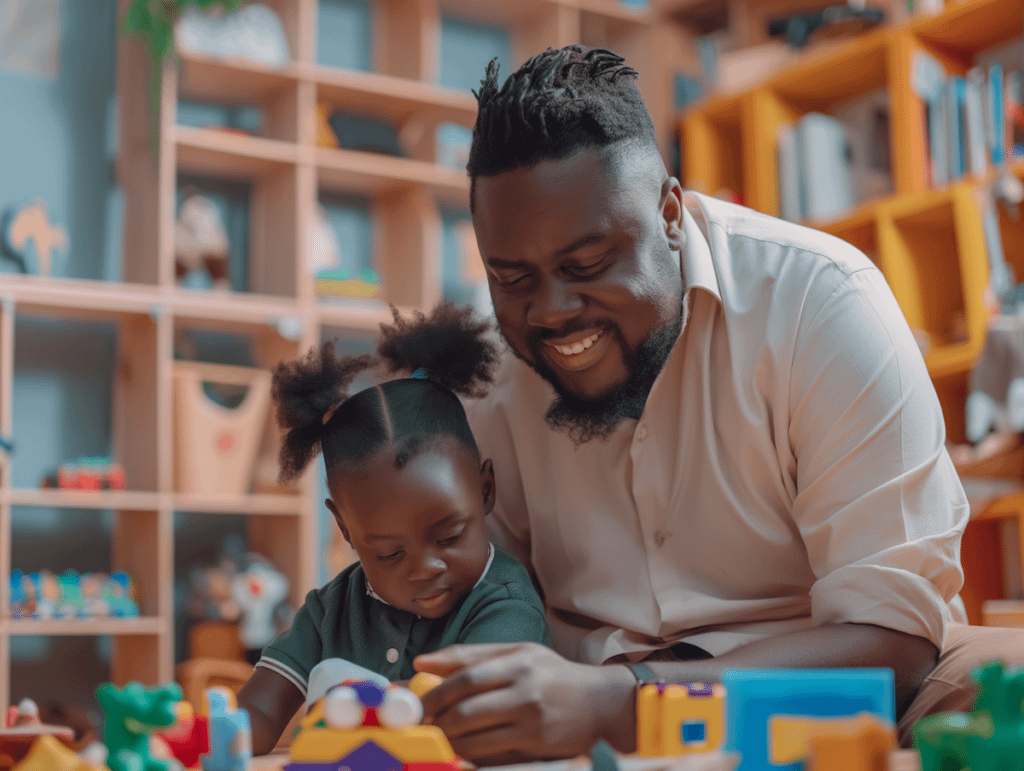 A man and a child happily playing together with colorful toys on the floor.